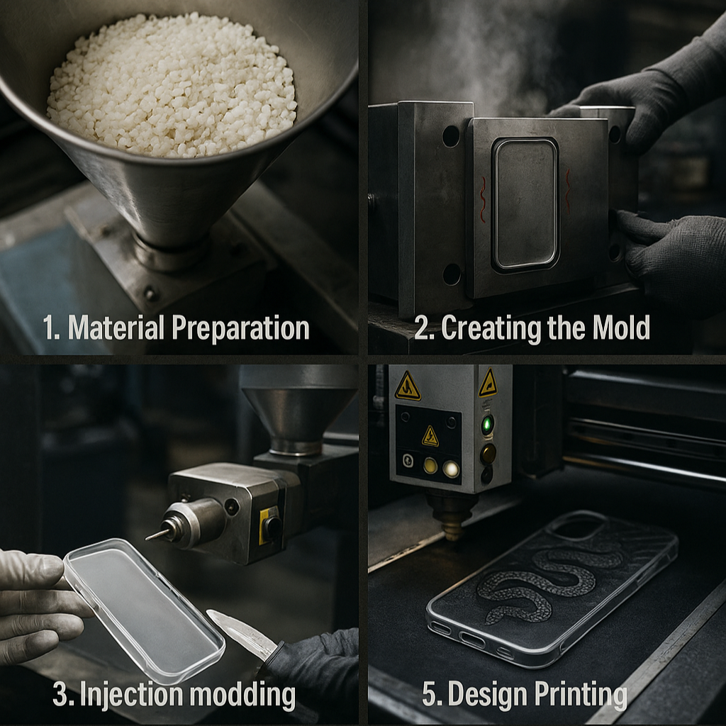 a picture showing step by step how a phone case is made and designed by WayCase
