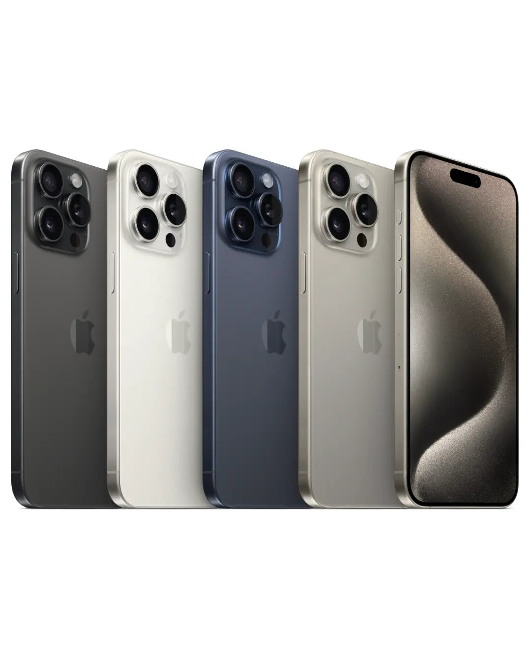 Five Apple iPhones in different colors on a white background