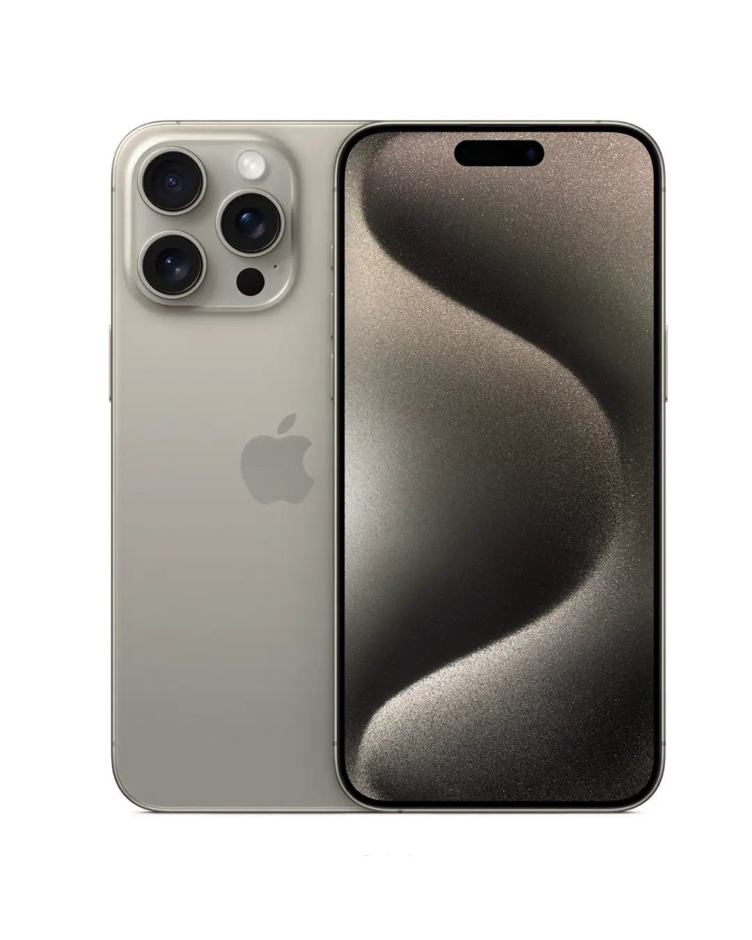 iPhone 15 Pro in Natural Titanium with Apple logo on a white background