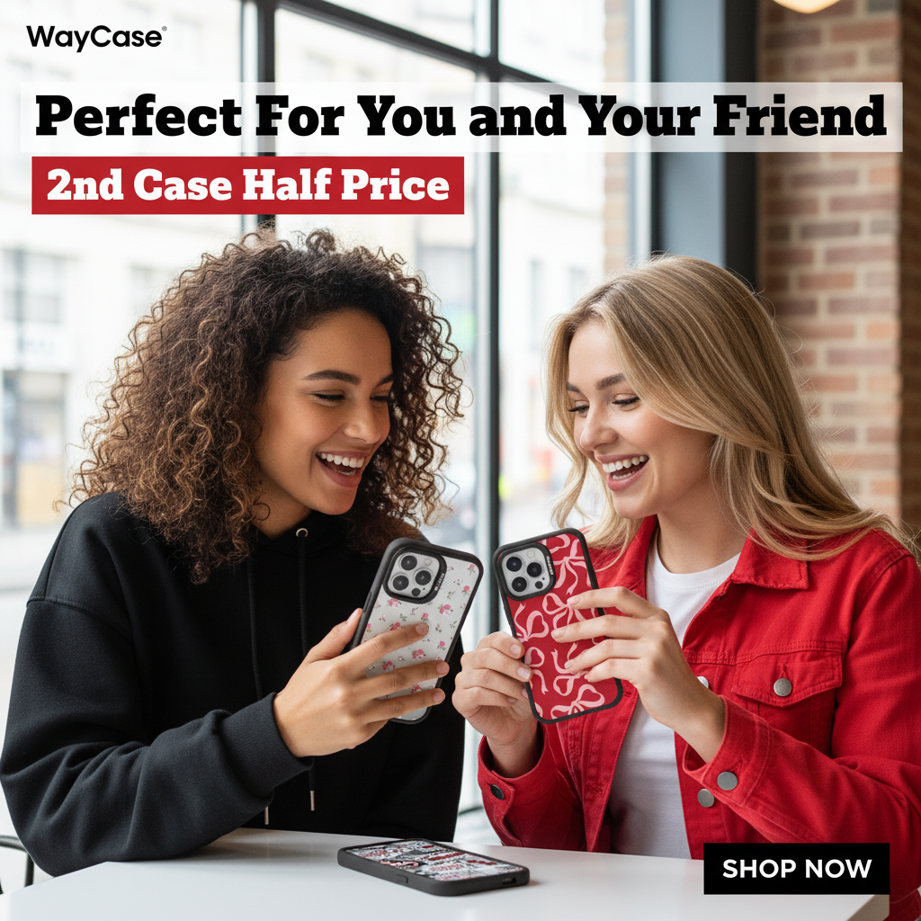 Two women looking at their smartphones with promotional text for WayCase phone cases.
