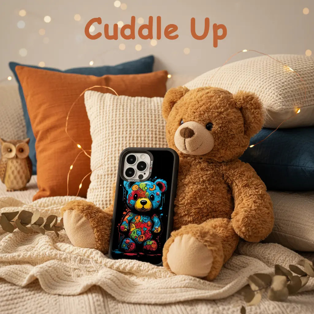 Teddy bear holding a phone with a coloruful bear design, surrounded by soft pillows and lights.