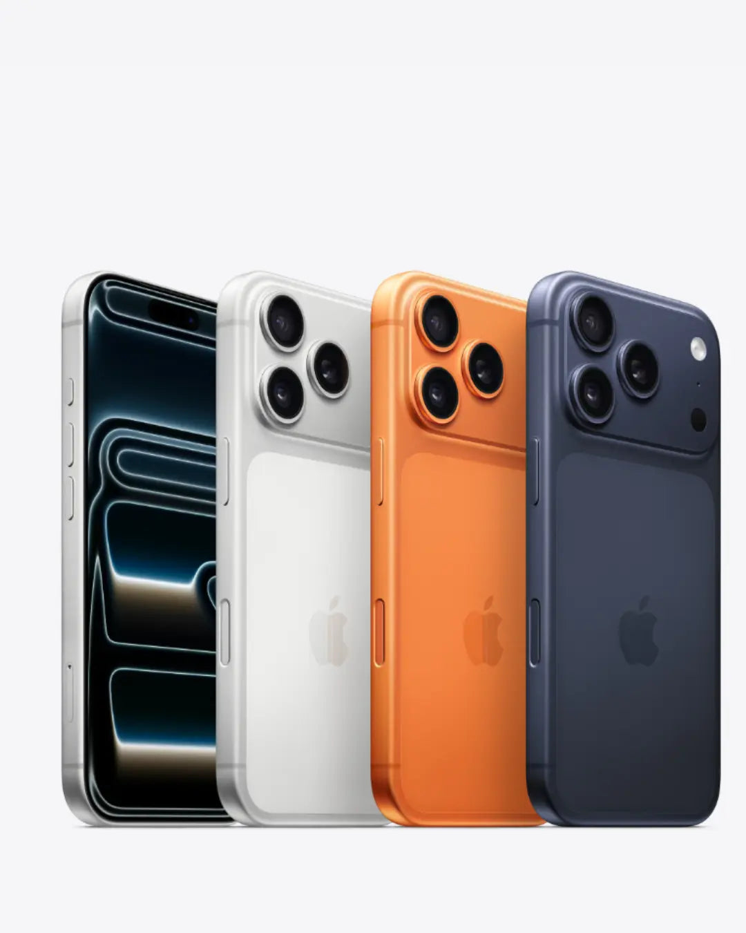 Four iPhone models in different colors on a white background