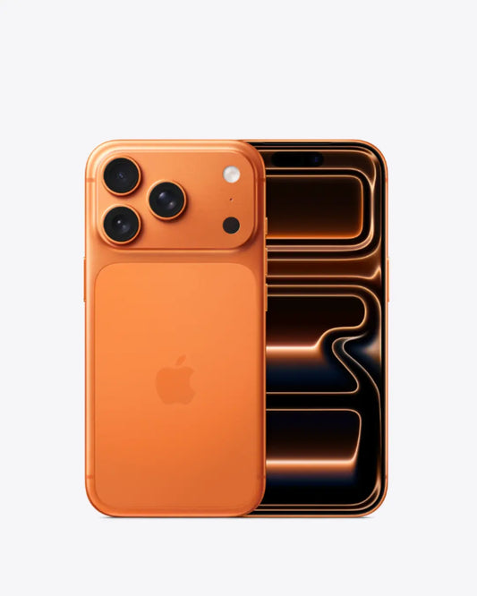 iPhone 17 Cosmic Orange smartphone with Apple logo on a white background