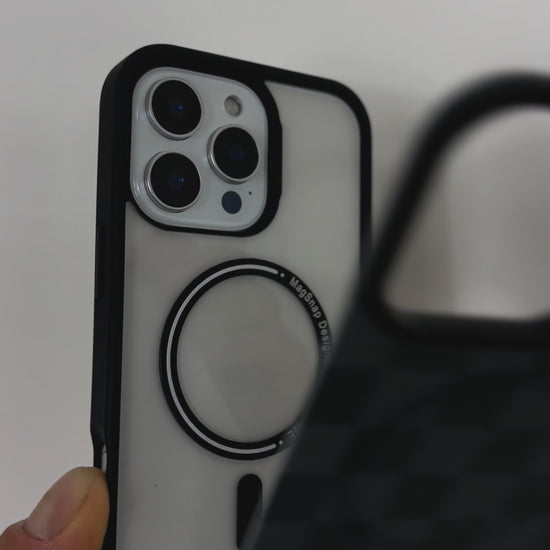 Tough MagSafe® iPhone Case with Black Checkered MagSnap™ cover, showing snap-on design and MagSafe® compatibility.
