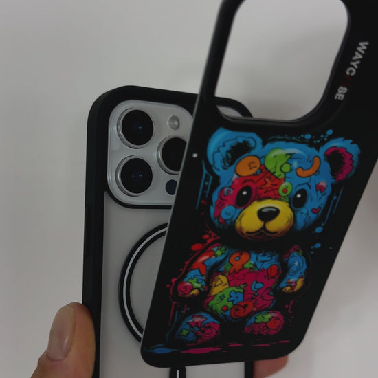 Video showing the Tough MagSafe® iPhone Case with MagSnap™ Bear design, featuring a colourful illustrated bear on a protective, snap-on magnetic back cover. Demonstrates how the case allows quick customisation with secure MagSnap™ technology and full MagSafe® compatibility.