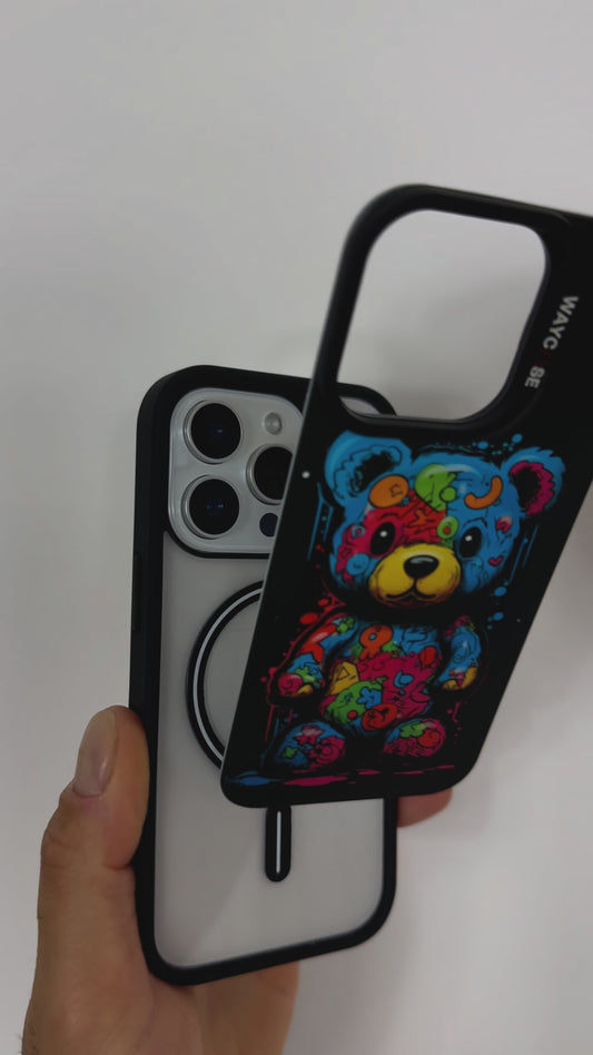 Video showing the Tough MagSafe® iPhone Case with MagSnap™ Bear design, featuring a colourful illustrated bear on a protective, snap-on magnetic back cover. Demonstrates how the case allows quick customisation with secure MagSnap™ technology and full MagSafe® compatibility.