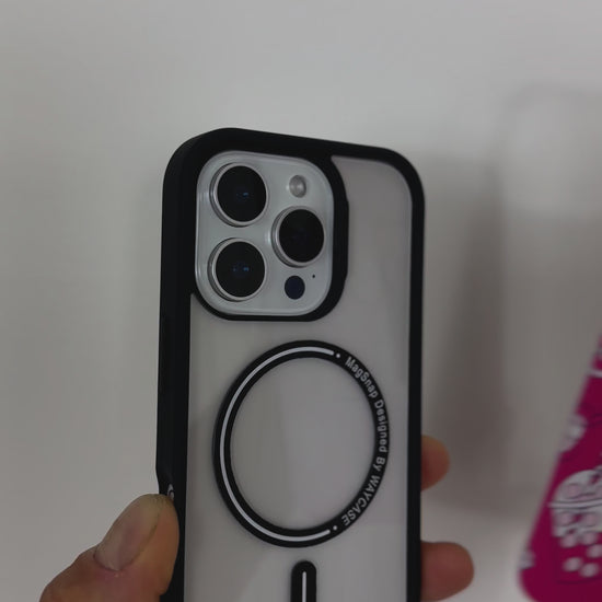 Video showcasing the Tough MagSafe® iPhone Case with MagSnap™ Fries Over Guys design. Features a playful fries graphic on a magnetic back plate that snaps on and off easily. Demonstrates durable protection, personalised style, and full MagSafe® compatibility.