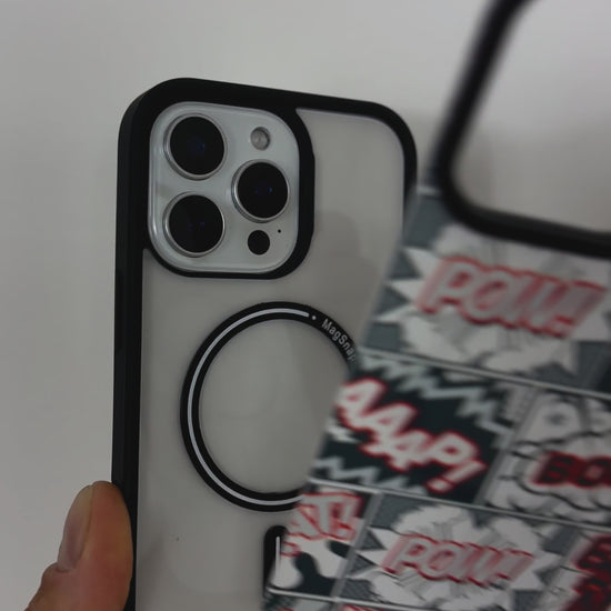 Tough MagSafe® iPhone Case with Comic MagSnap™ cover, showing pop-art design, snap-on function, and MagSafe® compatibility.