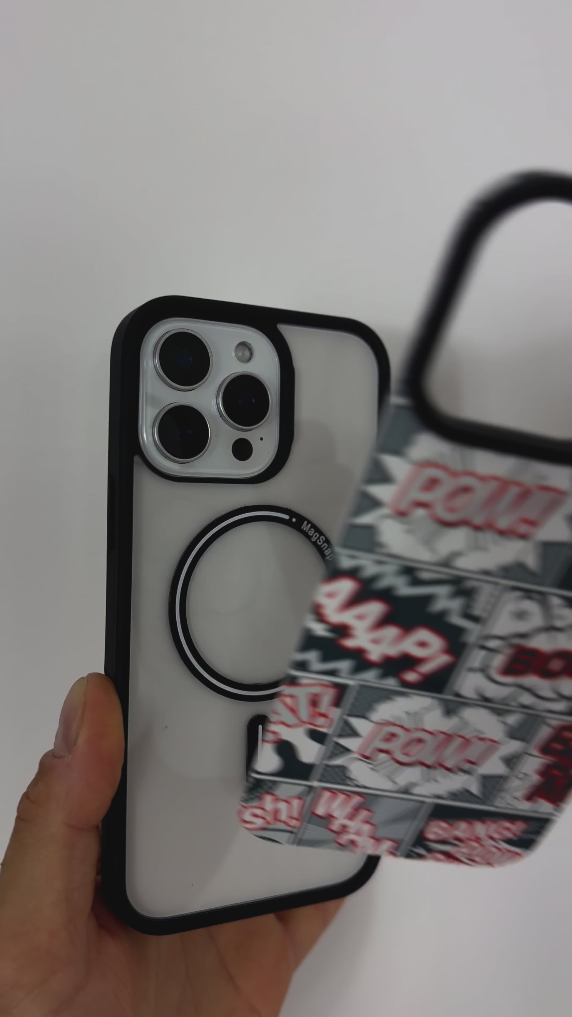 Tough MagSafe® iPhone Case with Comic MagSnap™ cover, showing pop-art design, snap-on function, and MagSafe® compatibility.