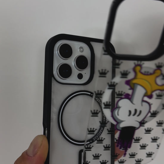 Video demonstrating the MagSnap™ King Crown Tough MagSafe iPhone Case snapping securely onto an iPhone, highlighting the magnetic attachment, royal crown design, and compatibility with MagSafe chargers and accessories.