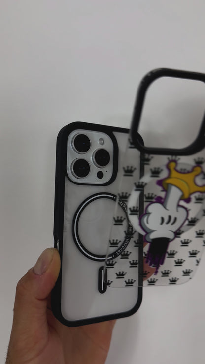 Video demonstrating the MagSnap™ King Crown Tough MagSafe iPhone Case snapping securely onto an iPhone, highlighting the magnetic attachment, royal crown design, and compatibility with MagSafe chargers and accessories.