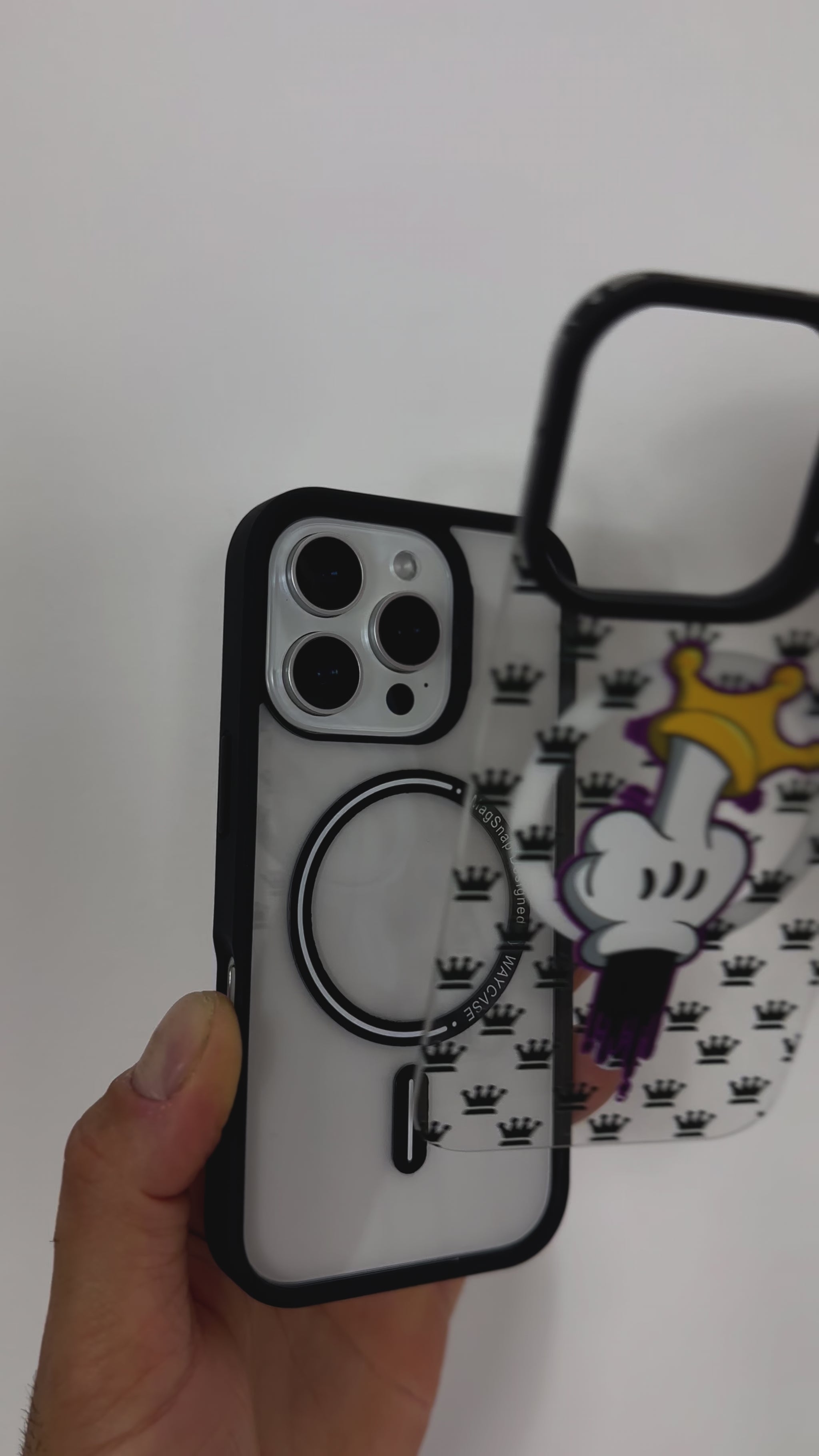 Video demonstrating the MagSnap™ King Crown Tough MagSafe iPhone Case snapping securely onto an iPhone, highlighting the magnetic attachment, royal crown design, and compatibility with MagSafe chargers and accessories.