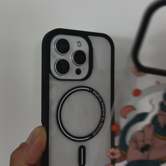 Video highlighting the Tough MagSafe® iPhone Case with MagSnap™ Eve's Curse design, featuring a bold, symbolic graphic on a magnetic back cover. Demonstrates the case’s easy snap-on customisation, durable protection, and full MagSafe® compatibility.