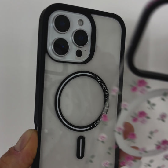 Video showcasing the Tough MagSafe® iPhone Case with MagSnap™ Floral design, featuring vibrant floral patterns on a magnetic back cover. Demonstrates effortless snap-on customisation, stylish protection, and reliable MagSafe® compatibility.