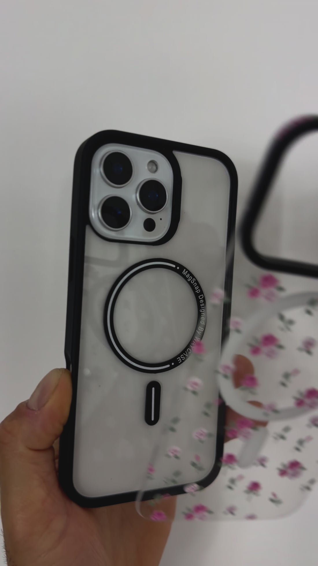 Video showcasing the Tough MagSafe® iPhone Case with MagSnap™ Floral design, featuring vibrant floral patterns on a magnetic back cover. Demonstrates effortless snap-on customisation, stylish protection, and reliable MagSafe® compatibility.